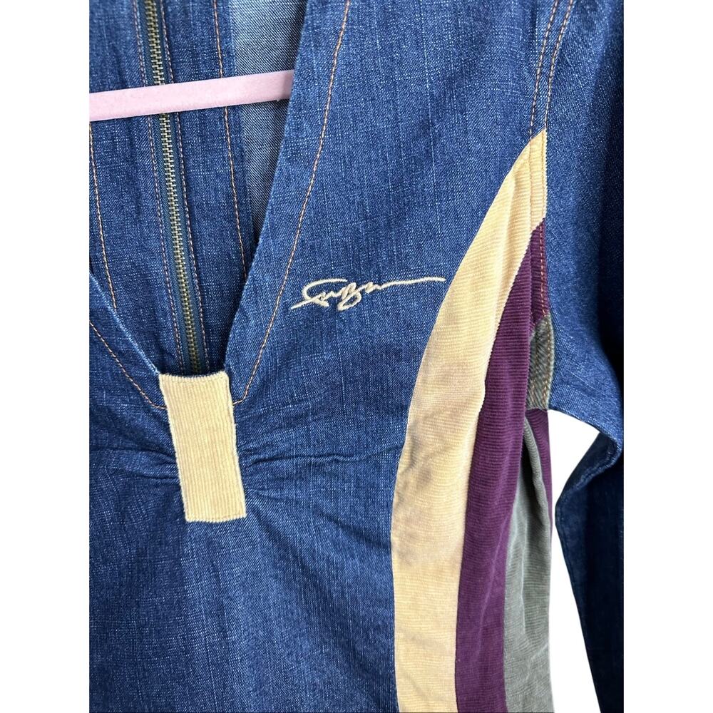 Vintage FUBU Denim Long Sleeve Dress Corduroy Patchwork Stripes Vneck Size 7/8 - Picture 7 of 16